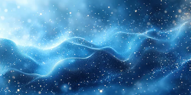 Futuristic health tech abstract background with glowing molecular dots connected by geometric hexagon and wave patterns.