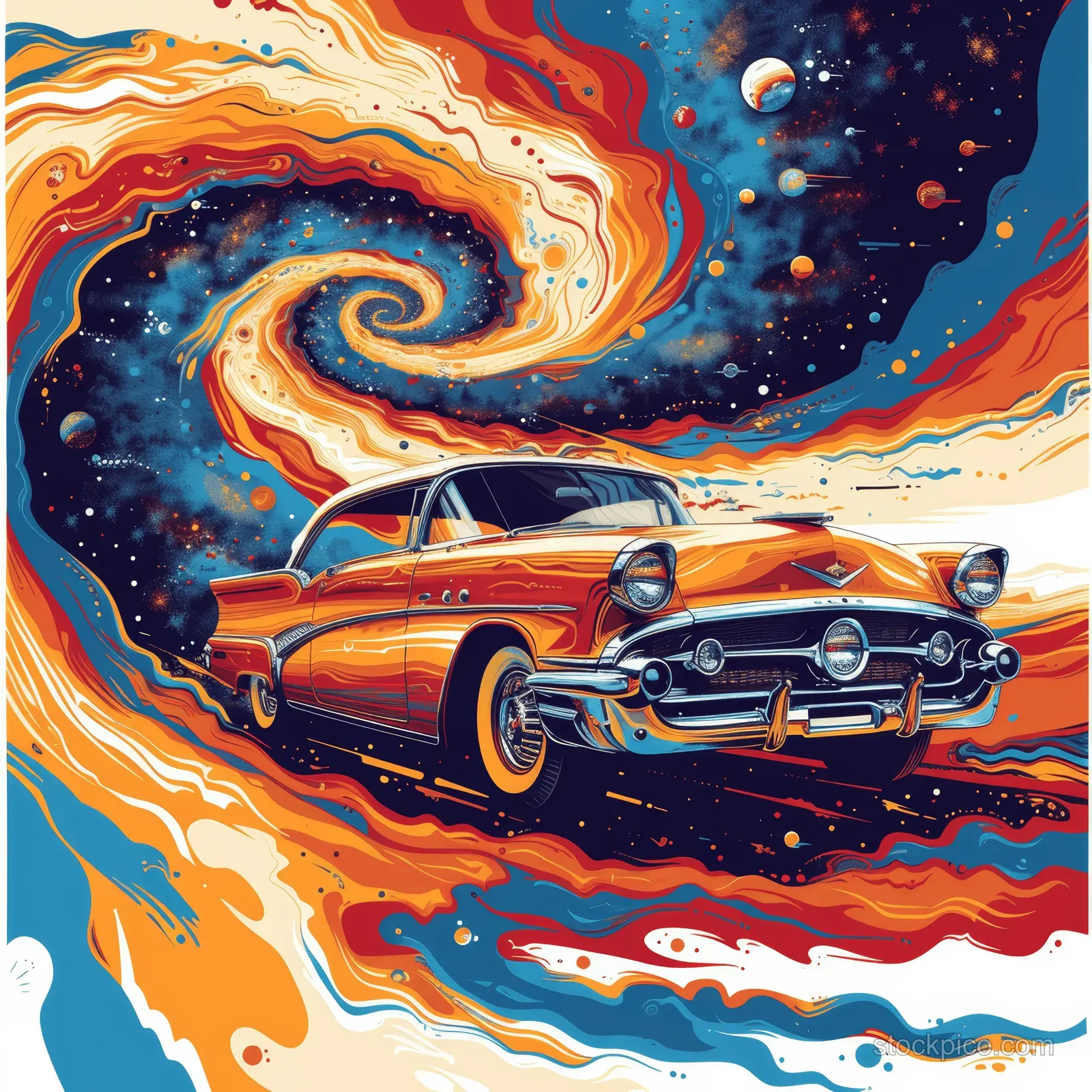 Retro vector car rides through a psychedelic space swirl with neon flames and small planets.