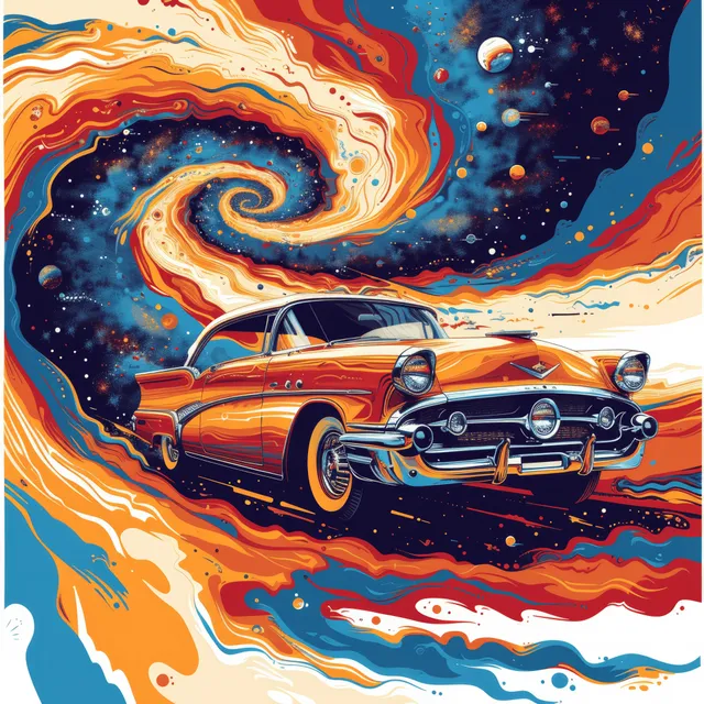 Retro vector car rides through a psychedelic space swirl with neon flames and small planets.