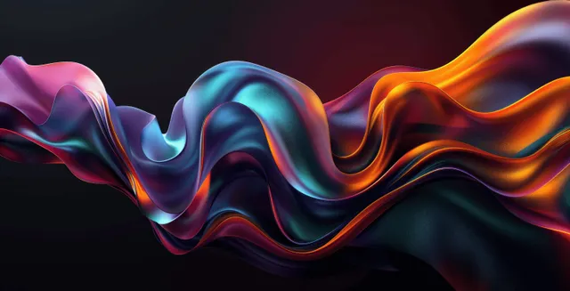 Colorful fluid 3D wave ribbon flowing across dark gradient background with neon highlights