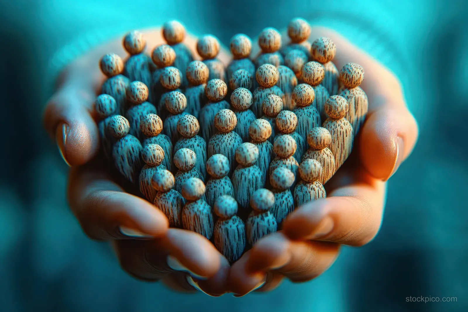 Two hands hold a heart-shaped cluster of wooden pegs against a softly blurred blue background.