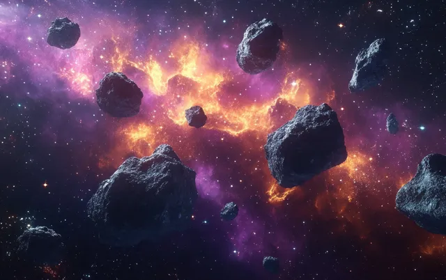 Asteroids float in front of a colorful nebula with glowing gas clouds and scattered stars in deep space.