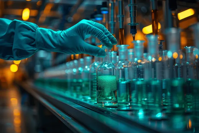 Gloved scientist examines bright green liquid in a glass beaker beside many illuminated test tubes.