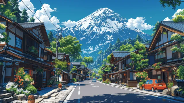 Anime-style Japanese street lined with houses, lanterns, a parked car, and a snowcapped mountain in the distance.