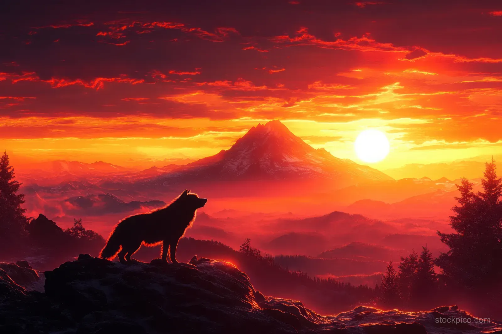 Wild boar silhouette on rocks with Mount Fuji and sunrise sunlit clouds in the background.