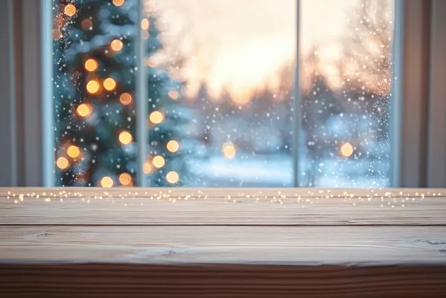Wooden holiday table in front of a window with blurred Christmas tree lights and snowy bokeh in the background.