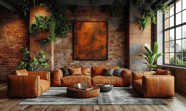 Brown leather armchairs and a round wooden table sit in an industrial loft office beside a brick wall.