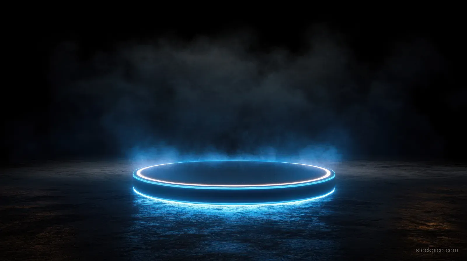 Blue glowing holographic ring podium hovers over a reflective floor in a dark environment.