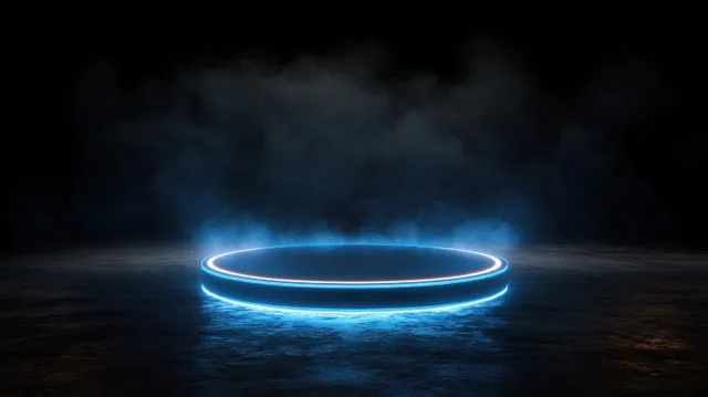 Futuristic holographic podium ring glowing blue in dark sci‑fi exhibition space