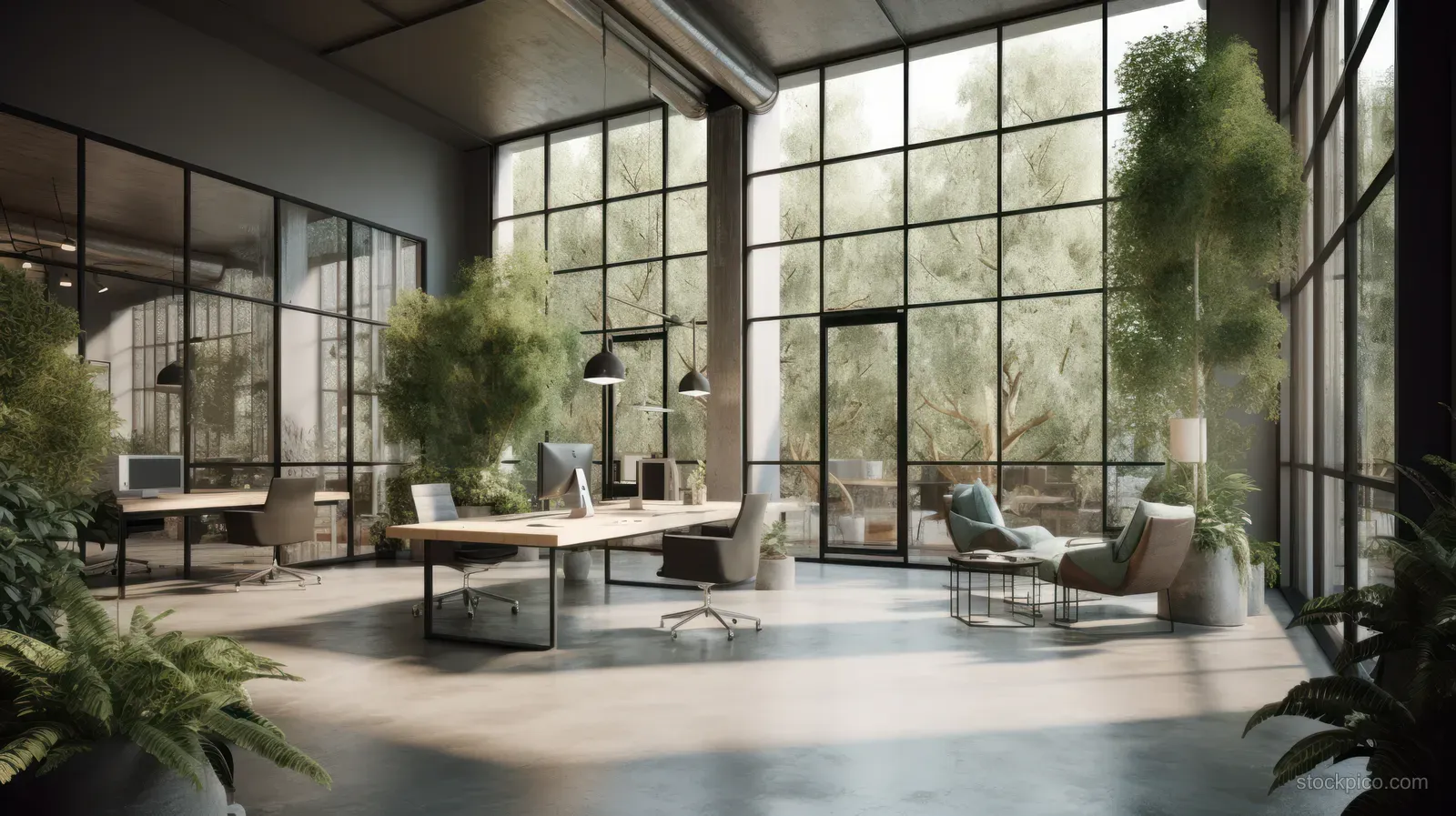 Sunlit minimalist office lounge with glass walls, desks, and lush potted plants near large windows.