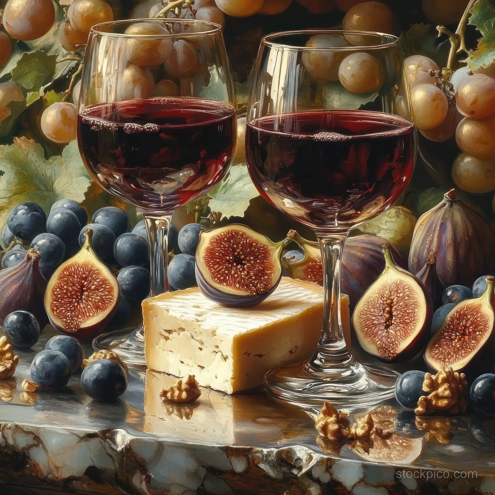 Two glasses of red wine sit on a polished marble table beside ripe figs, grapes, soft cheese, and walnuts.