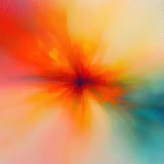 Explosão abstrata de cores radiantes com vermelhos e laranjas quentes se misturando a azuis frios ao redor de um centro escuro.