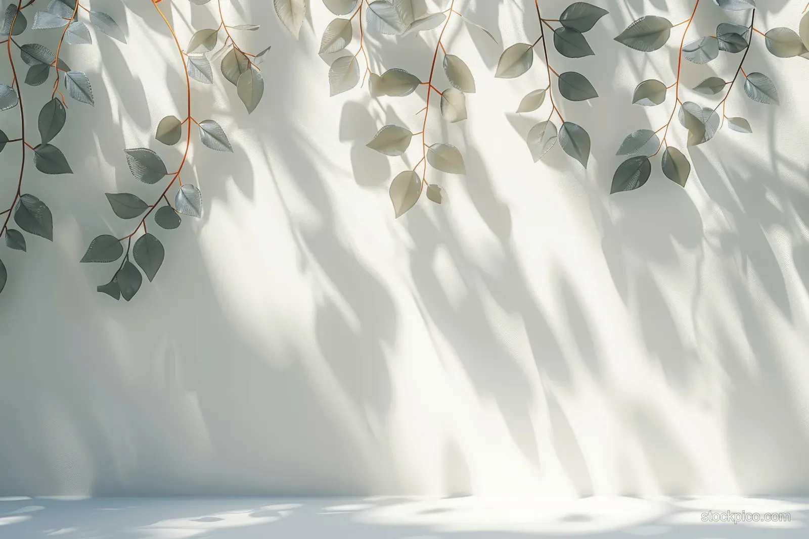 Sunlight casts soft leaf-shaped shadows across a white wall.