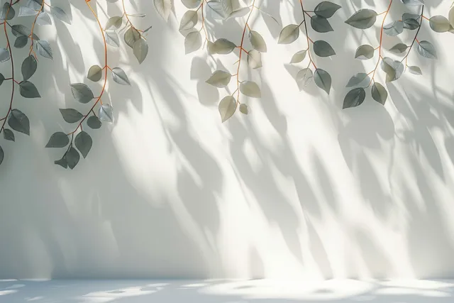 Sunlight casts soft leaf-shaped shadows across a white wall.