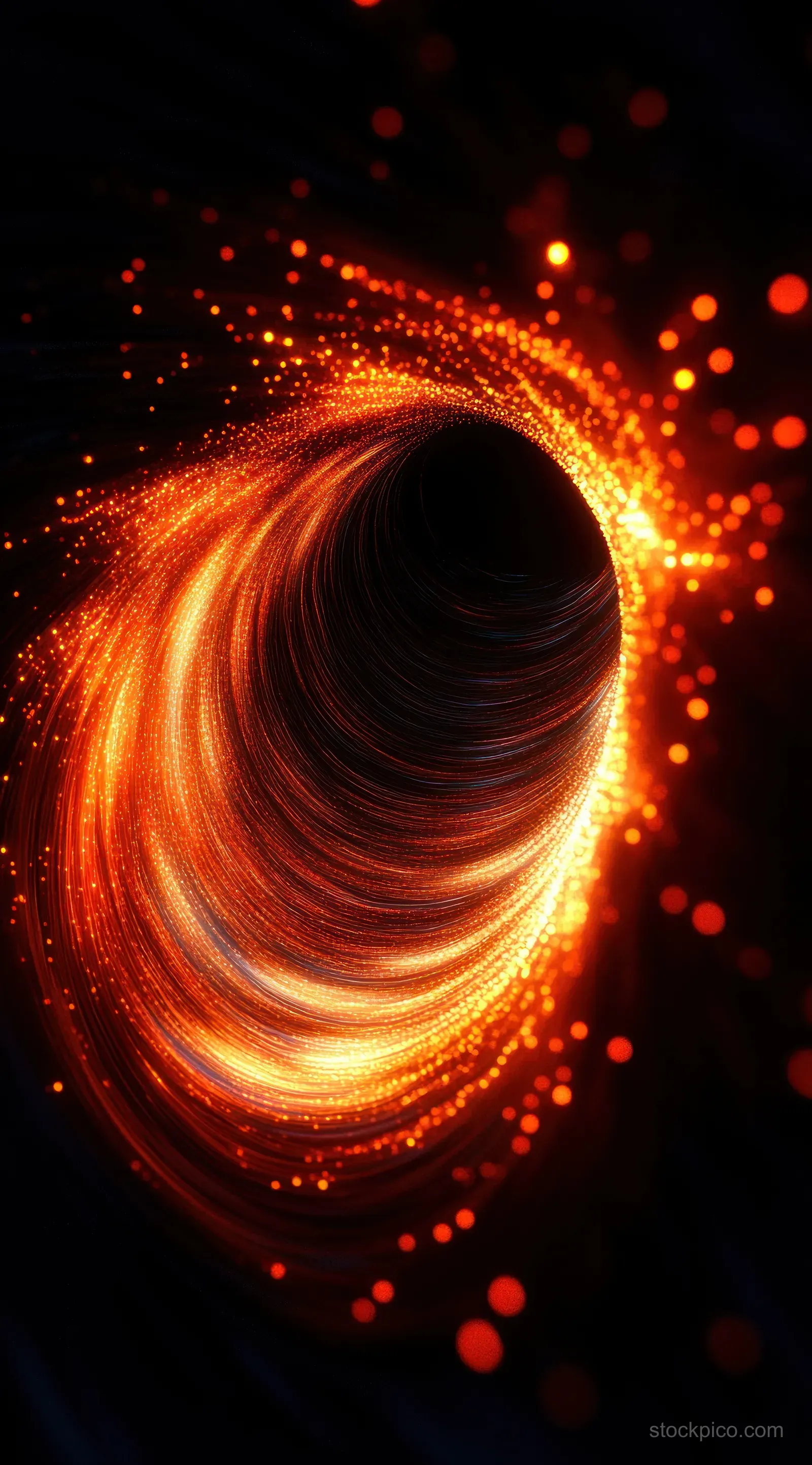 Glowing orange and red particles swirl into a dark spiral tunnel.
