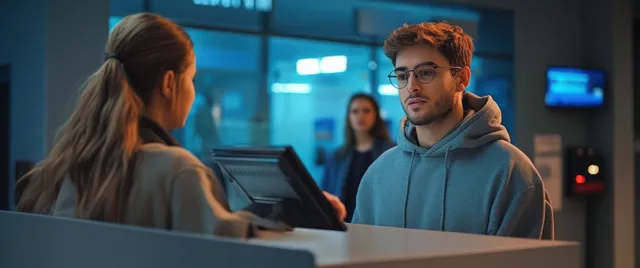 A young man in a hoodie talks with a female employee behind a service counter under blue ambient lights.