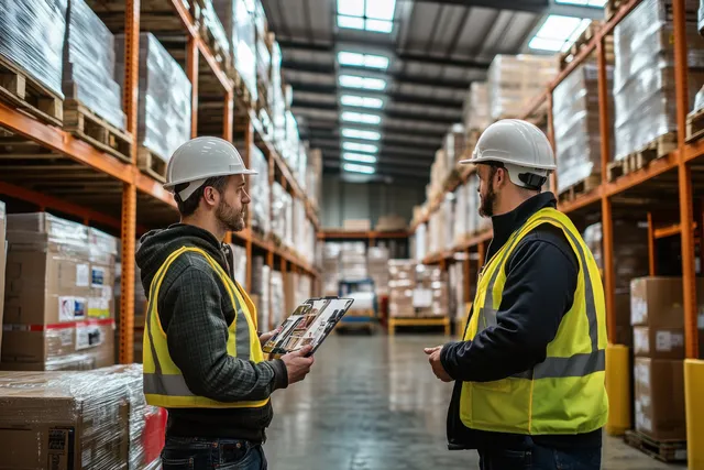 Two helmeted warehouse workers talk with tablets in an aisle between pallet racks under warm lighting.