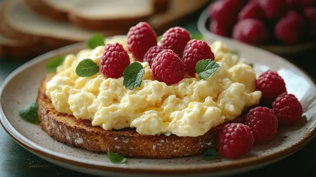 Creamy scrambled eggs on toast with raspberries and mint leaves, close-up breakfast plate