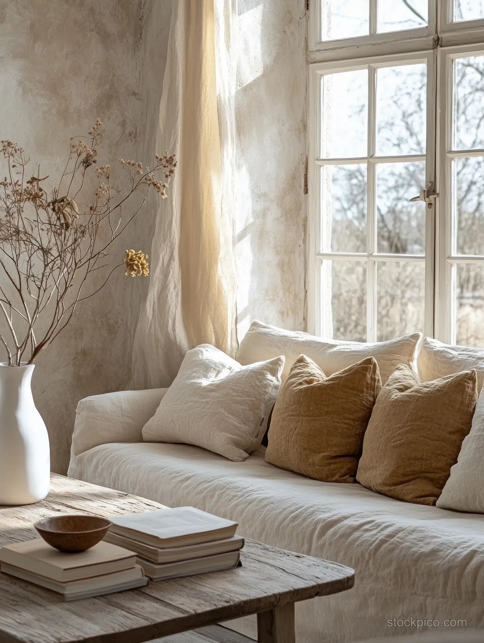 Beige sofa and wooden coffee table with stacked books and dried flowers in warm light by a multi-pane window.