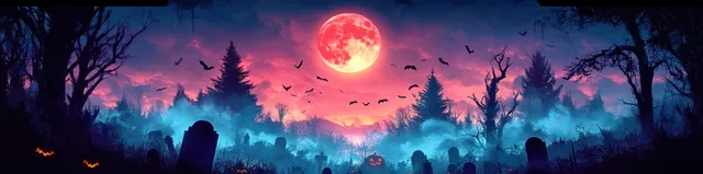 Graveyard landscape at night with a glowing full moon, silhouetted trees, mist, and bats flying through the dark sky.