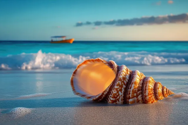A spiral seashell rests on wet sand beside calm ocean waves and a small boat offshore at sunset.