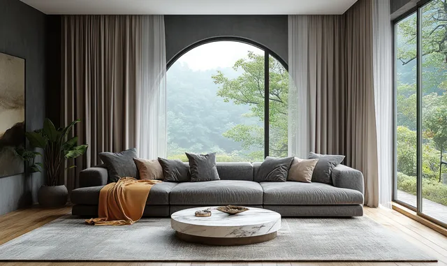 Grey sofa and round marble coffee table in a bright living room with arched windows and soft curtains.