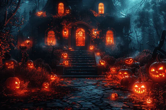 A haunted house entrance at night with glowing jack-o'-lanterns, orange windows, and dark forest foliage.