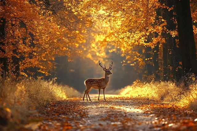 Lone deer with antlers standing on sunlit autumn forest path