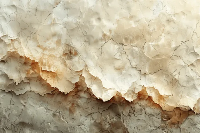 Close-up of a beige cracked concrete wall with peeling plaster and tan weathered stains.