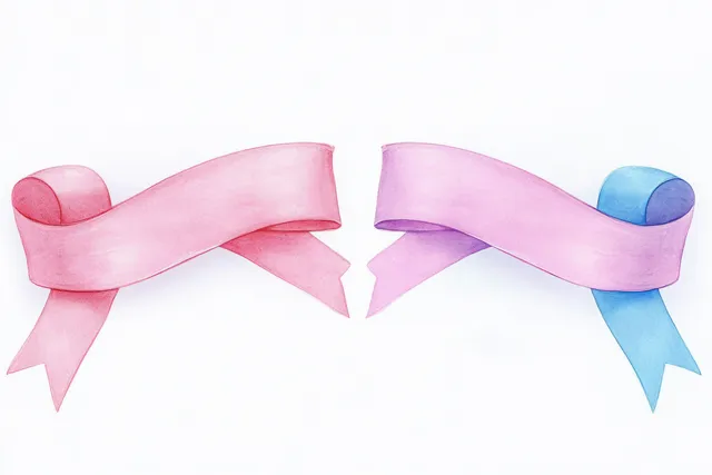 Two torn pastel ribbon banners in pink and purple-to-blue curl apart on a plain white background.
