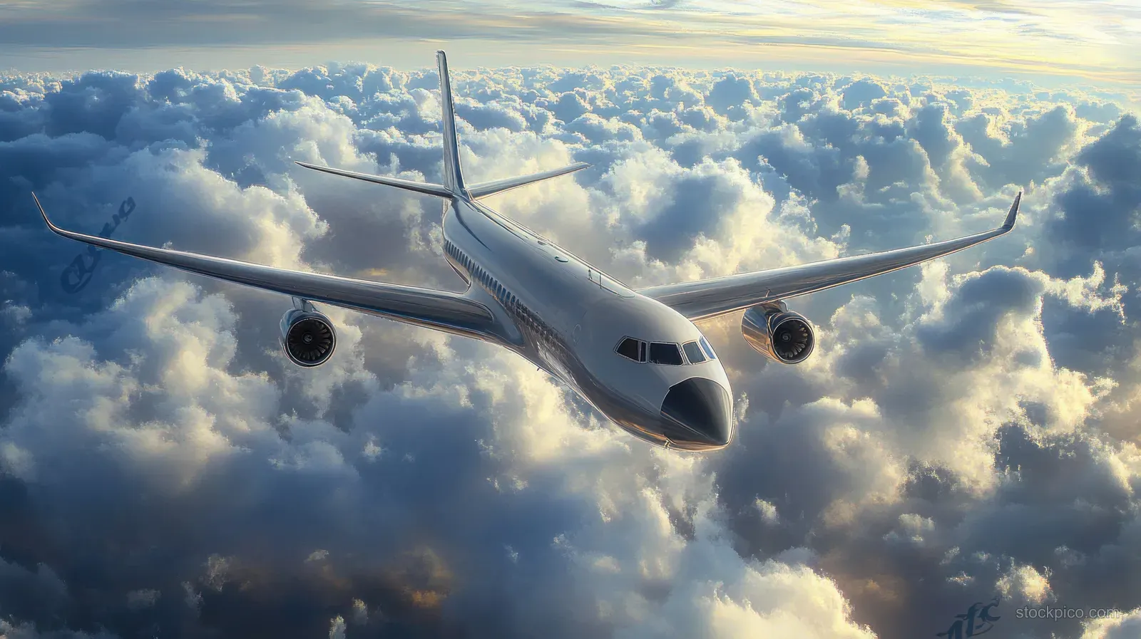 A modern passenger jet banks above layered clouds in bright golden sunlight, showing wings and engines.