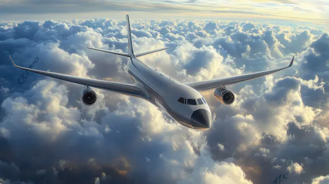 Modern passenger airplane banking above cloud tops under bright golden sunlight