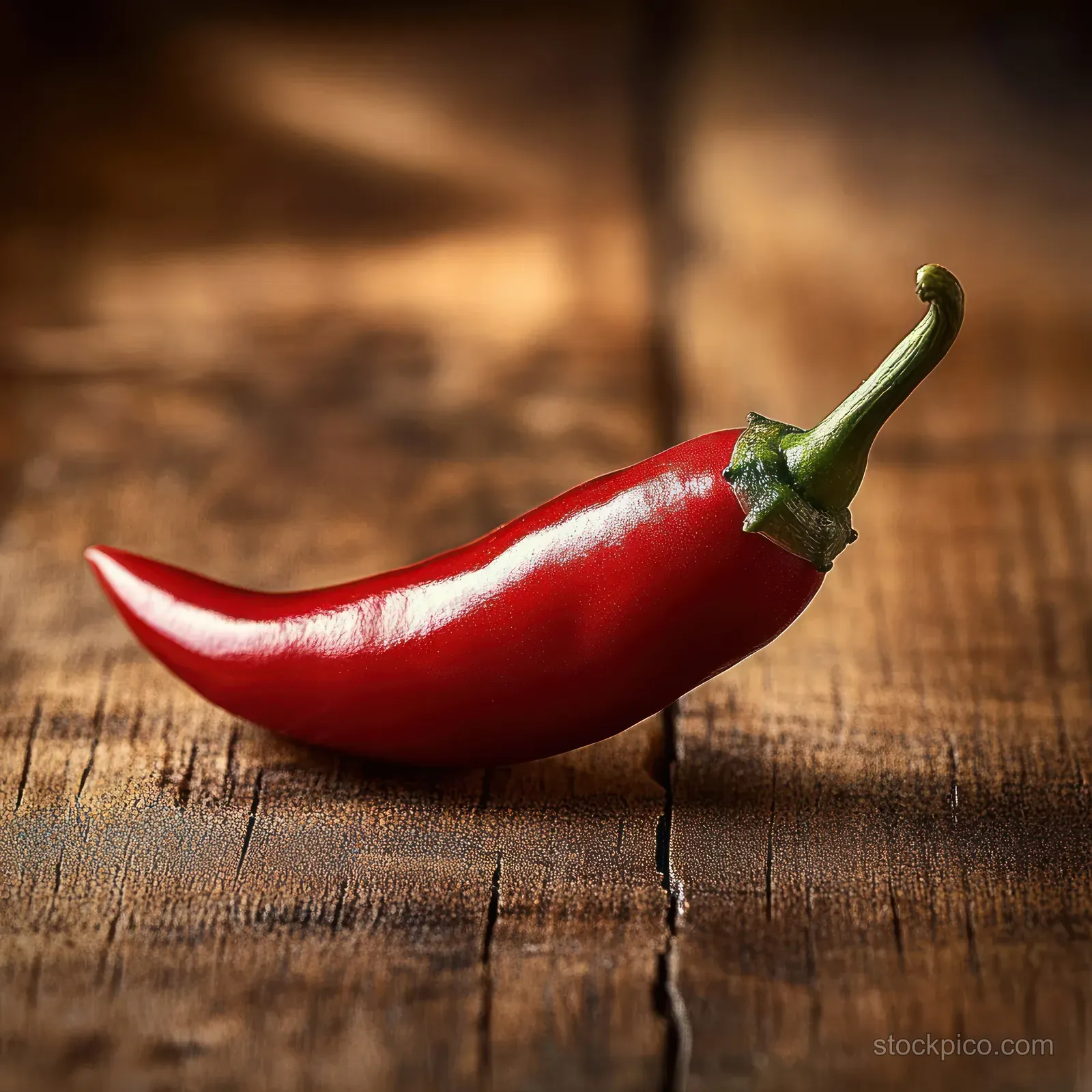 A single red chili pepper with glossy skin and a green stem on a rustic wooden table.
