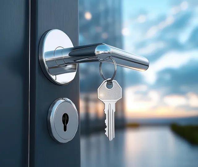 A chrome door handle with a metal key hanging from it on a dark door in soft daylight.