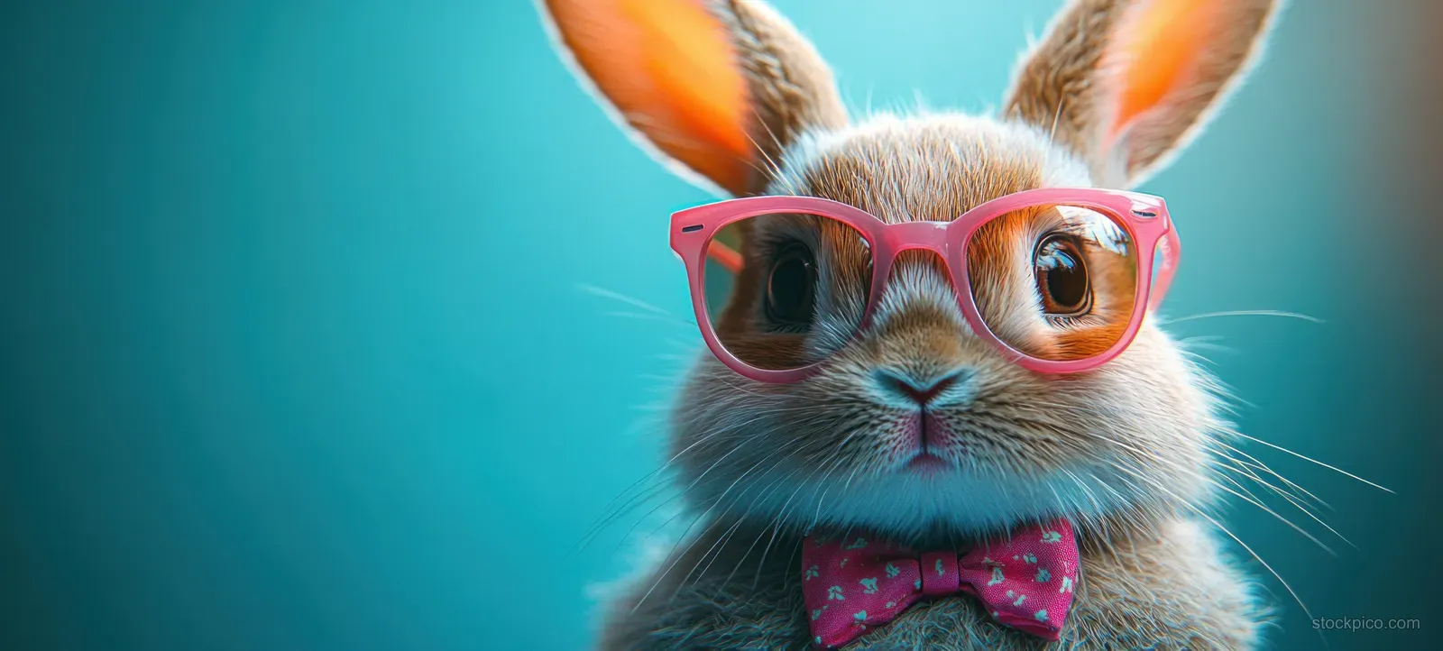 A cool Easter bunny rabbit wearing pink sunglasses and a bow tie against a teal blue background.