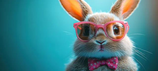 A cool Easter bunny rabbit wearing pink sunglasses and a bow tie against a teal blue background.