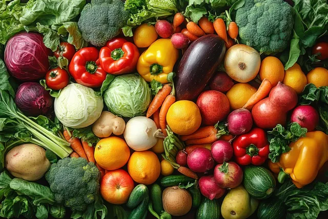 Assorted organic vegetables and fruits are heaped on a wooden table in bright natural light with visible textures and colors.