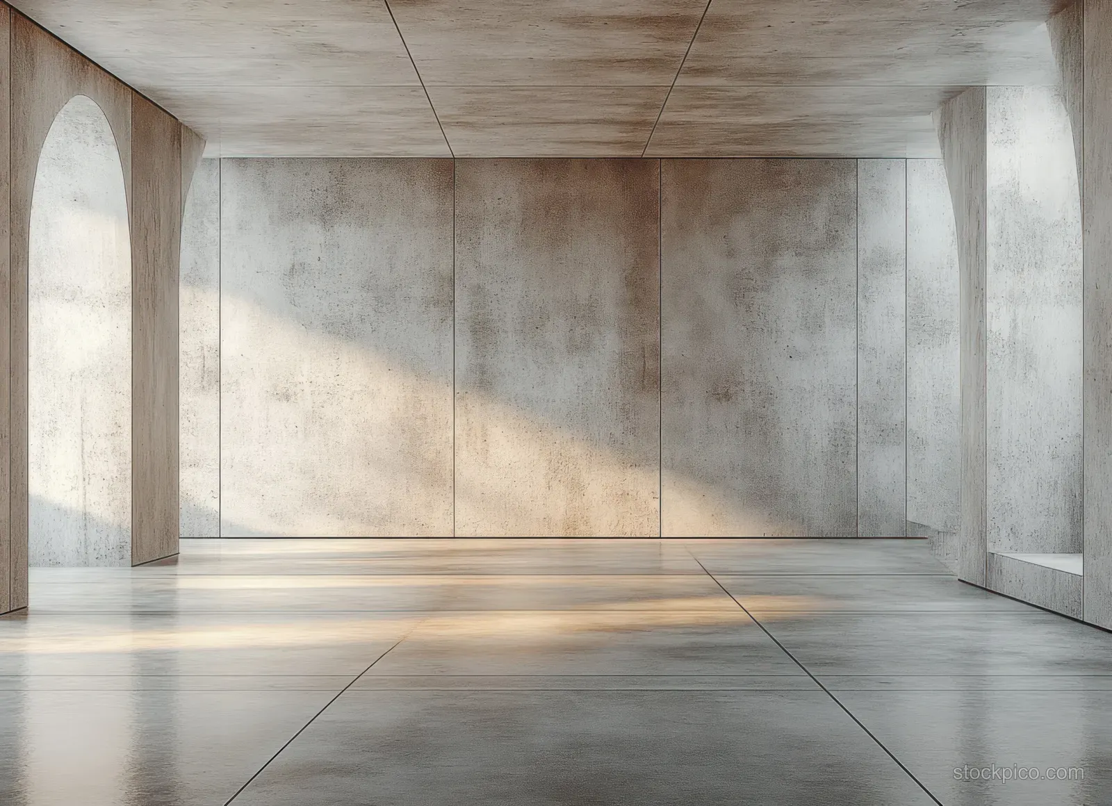 Empty concrete room interior with symmetrical walls, tiled floor, and soft sidelighting shadows.