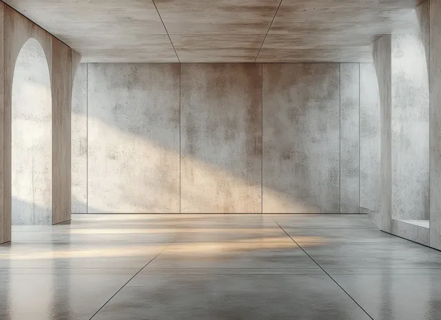 Empty concrete room interior with symmetrical walls, tiled floor, and soft sidelighting shadows.