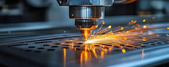 Laser cutting nozzle slices a metal sheet, glowing sparks spraying in an industrial workshop