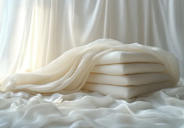 Folded white silk scarf rests on soft draped fabric with visible wrinkles and gentle sheen.
