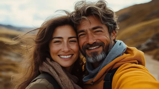 Smiling couple in warm scarves pose closely on a mountain trail with autumn landscape in the background.