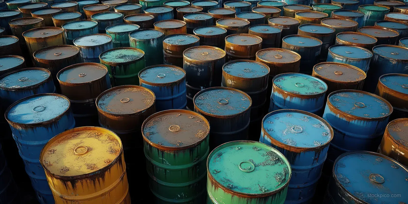 Tightly packed blue, green, and yellow barrels with rusty weathered tops filling the frame.