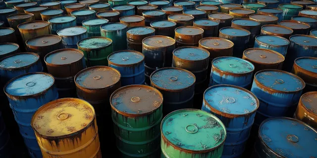 Tightly packed blue, green, and yellow barrels with rusty weathered tops filling the frame.