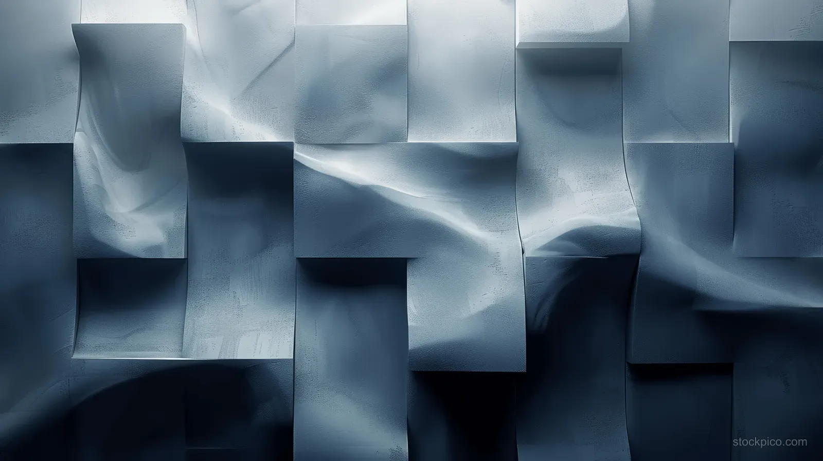 Layered blue geometric blocks create smooth wave shapes with soft light and gradient shadows.