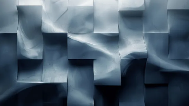 Abstract blue geometric waves with layered paper-like blocks and soft light gradients