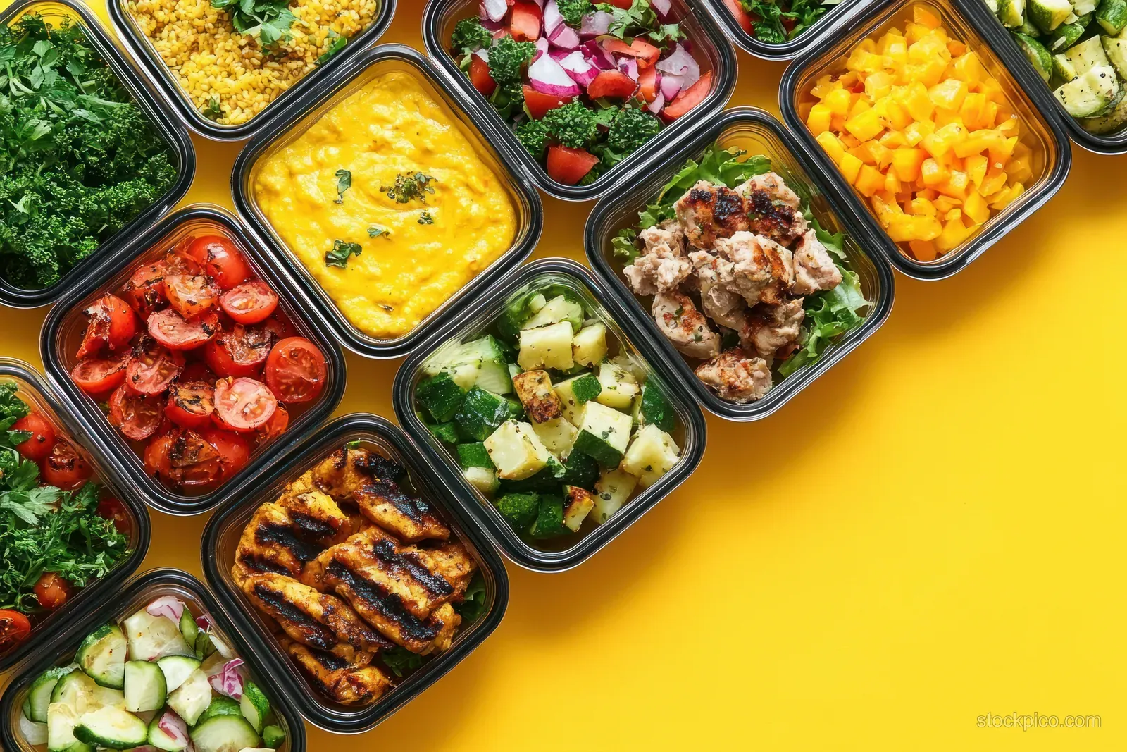 Top view of meal prep containers with colorful salads and grilled vegetables arranged on a yellow background.