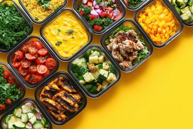 Colorful meal prep containers with salads and grilled vegetables arranged on bright yellow background