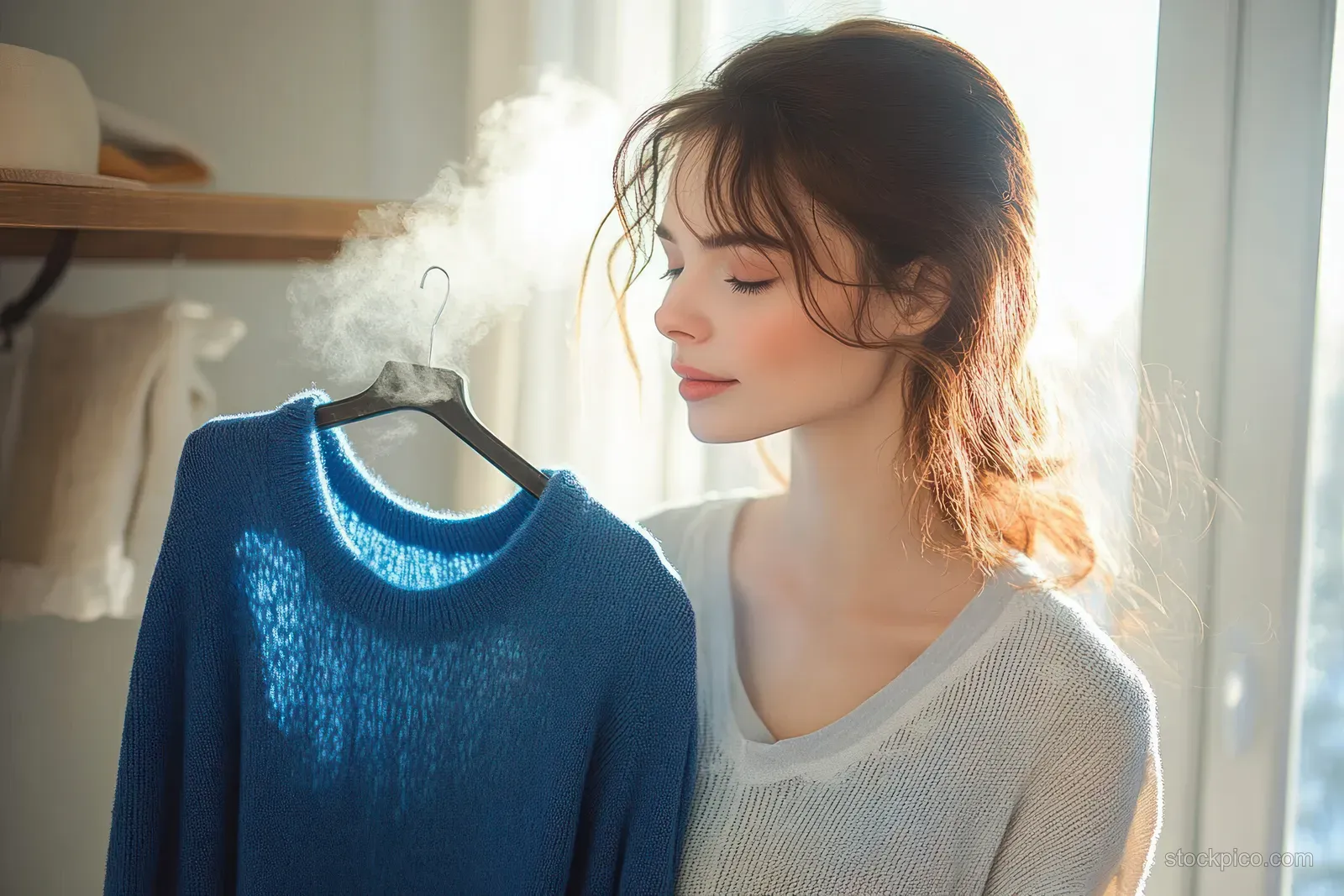 Young woman smelling a freshly steamed blue sweater hanging on a rack in a sunlit room.