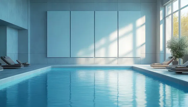 Sunlit indoor swimming pool with pale blue tiles and minimalist loungers beside still blue water.